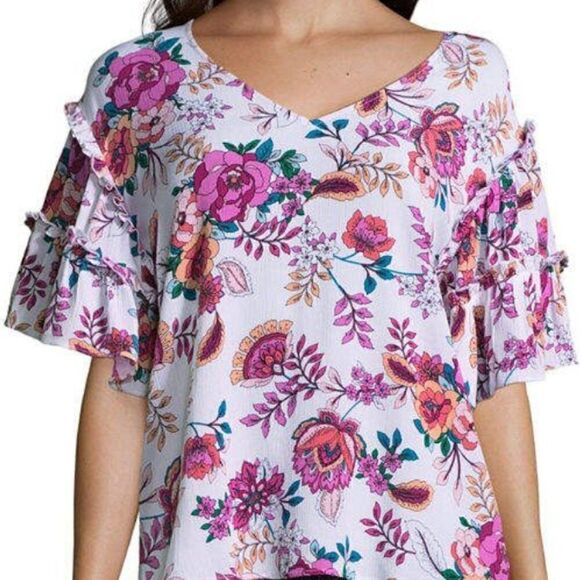 a.n.a Short Sleeve Ruffled V Neck Floral Top Size XL - Picture 1 of 7